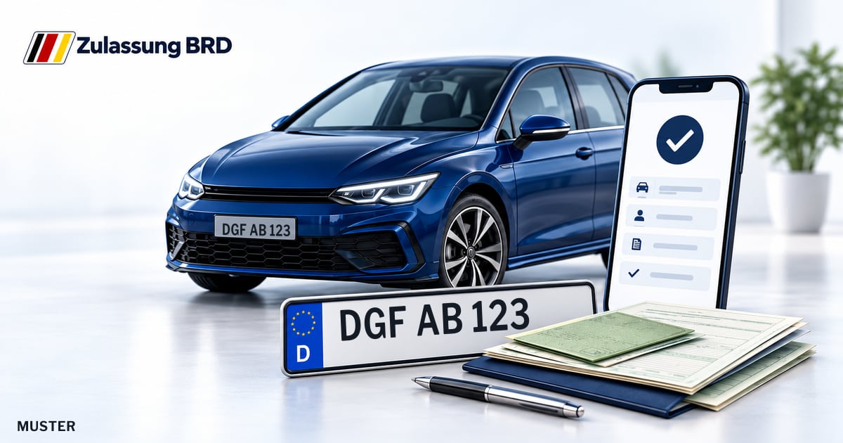 Online Fahrzeugzulassung in Dingolfing: Musterkennzeichen DGF AB 123, Auto und Fahrzeugpapiere und Smartphone. Illustration mit Logo von Zulassung BRD.